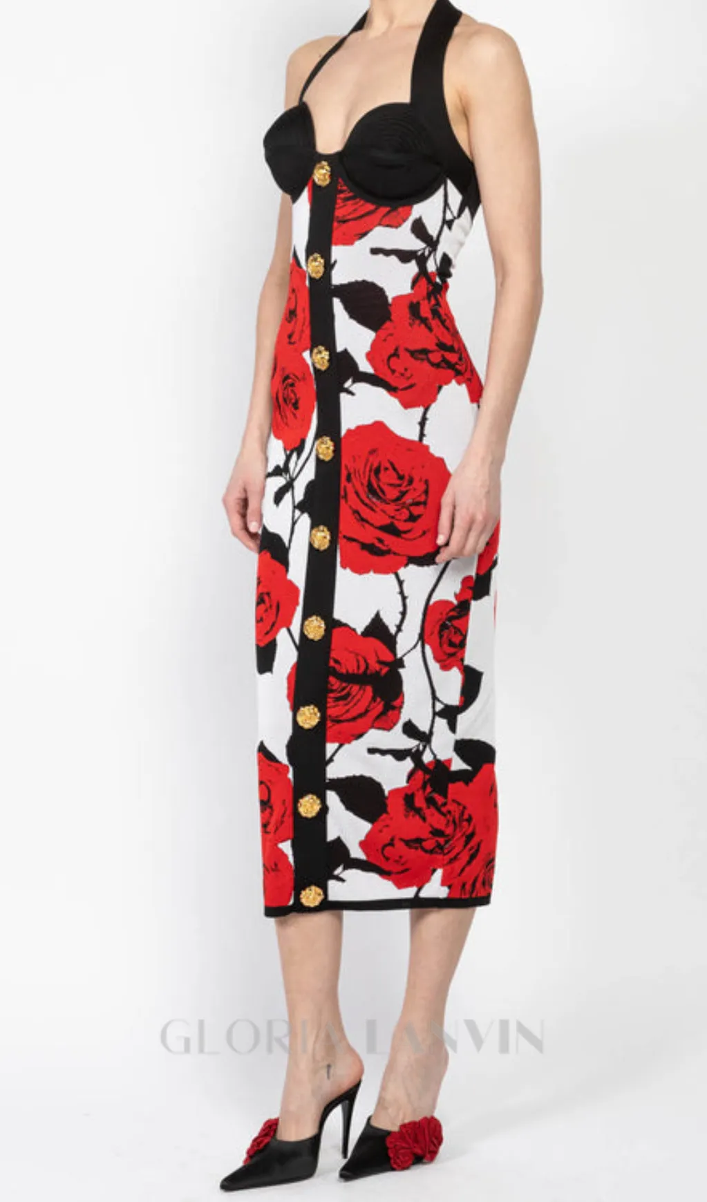 MULTICOLOR HALTERNECK ROSE PRINT MIDI DRESS Gloria Lanvin