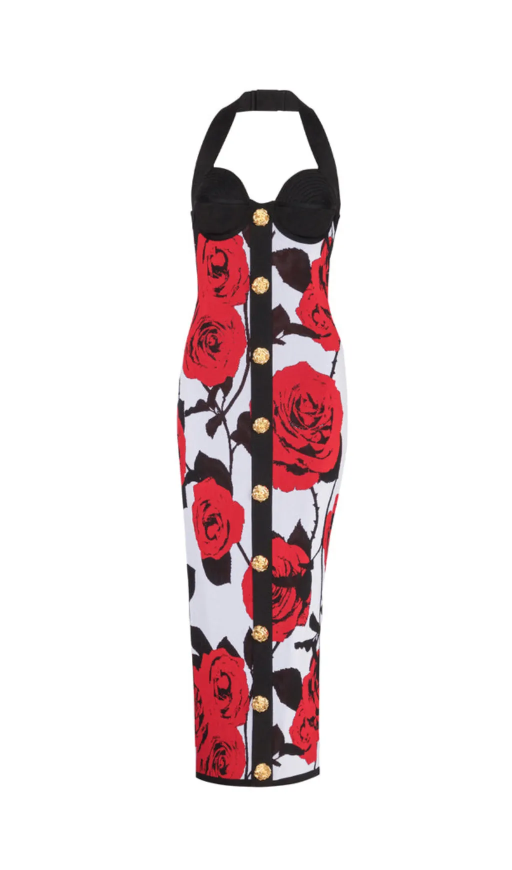 MULTICOLOR HALTERNECK ROSE PRINT MIDI DRESS Gloria Lanvin