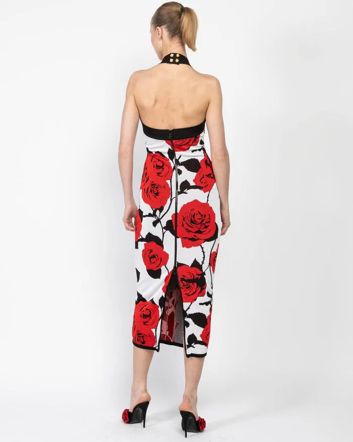 MULTICOLOR HALTERNECK ROSE PRINT MIDI DRESS Gloria Lanvin