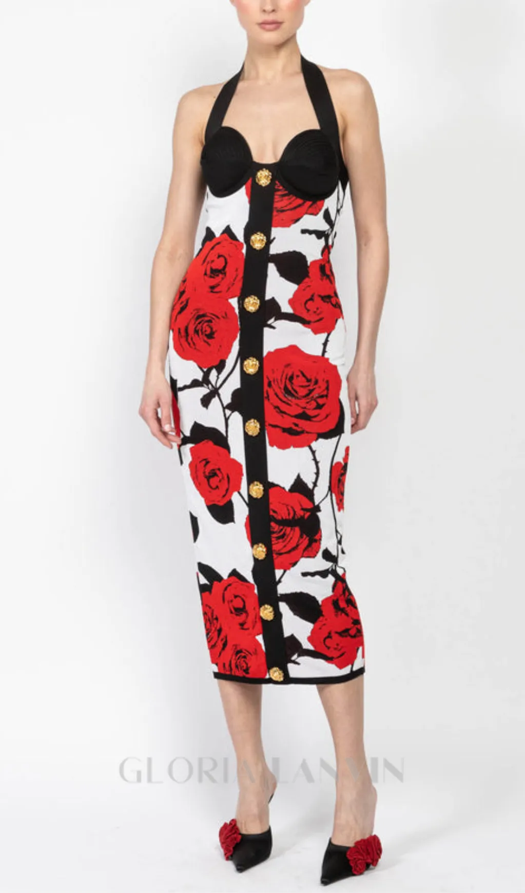 MULTICOLOR HALTERNECK ROSE PRINT MIDI DRESS Gloria Lanvin