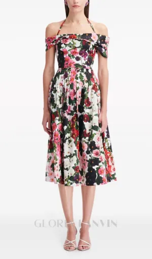 MULTICOLOR OFF-SHOULDER PLEATED FLORAL-PRINT COTTON-BLEND POPLIN DRESS Gloria Lanvin