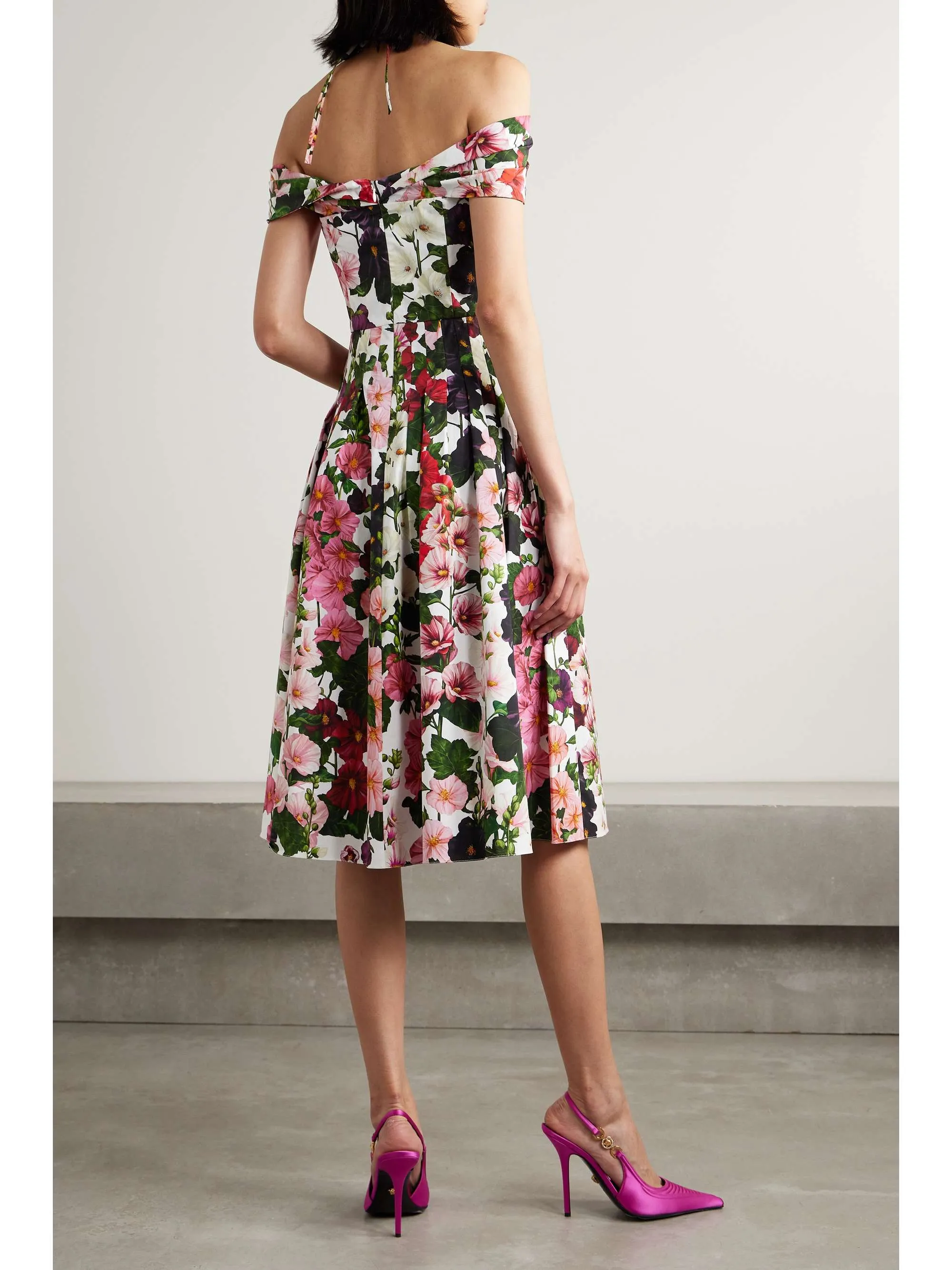 MULTICOLOR OFF-SHOULDER PLEATED FLORAL-PRINT COTTON-BLEND POPLIN DRESS Gloria Lanvin