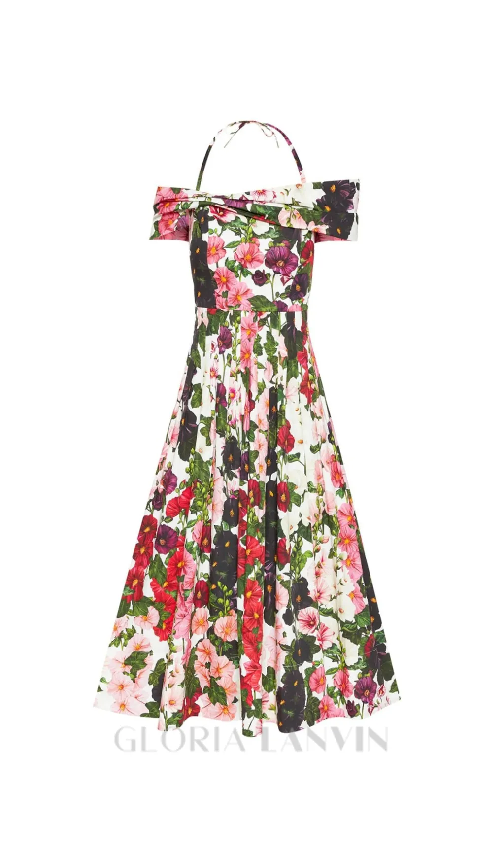 MULTICOLOR OFF-SHOULDER PLEATED FLORAL-PRINT COTTON-BLEND POPLIN DRESS Gloria Lanvin