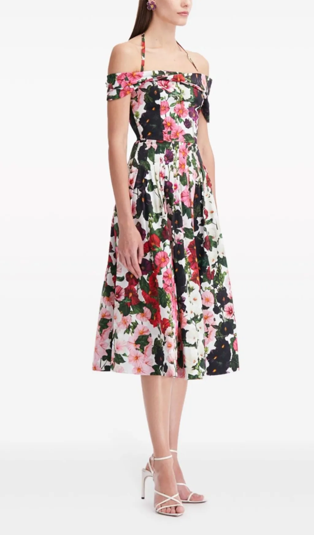MULTICOLOR OFF-SHOULDER PLEATED FLORAL-PRINT COTTON-BLEND POPLIN DRESS Gloria Lanvin