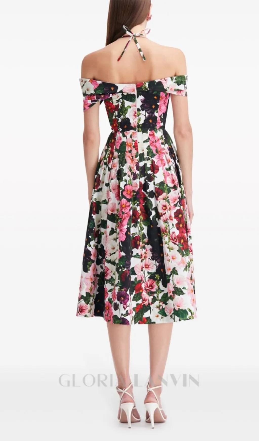 MULTICOLOR OFF-SHOULDER PLEATED FLORAL-PRINT COTTON-BLEND POPLIN DRESS Gloria Lanvin