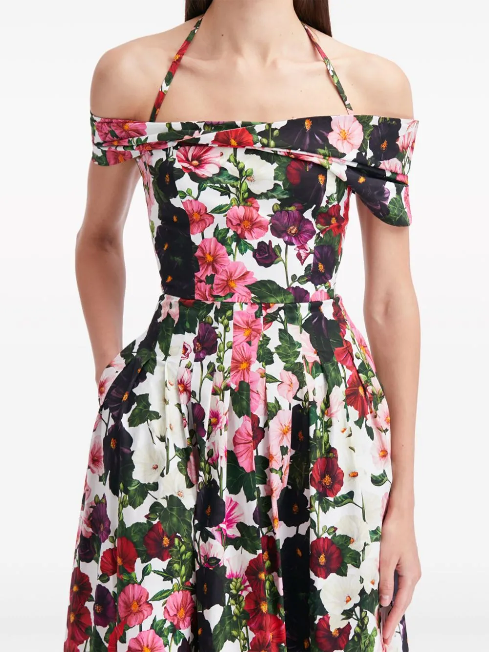 MULTICOLOR OFF-SHOULDER PLEATED FLORAL-PRINT COTTON-BLEND POPLIN DRESS Gloria Lanvin