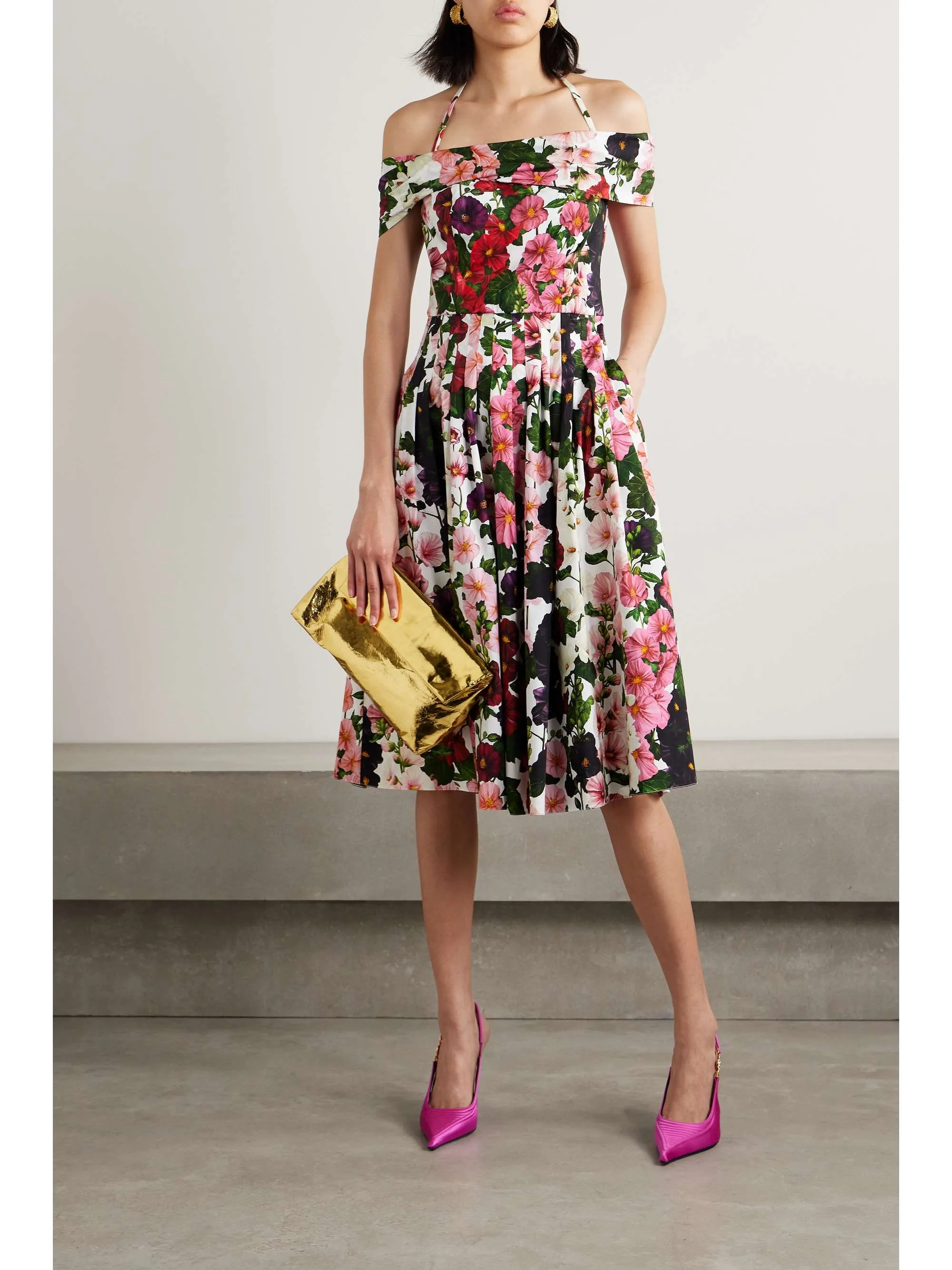 MULTICOLOR OFF-SHOULDER PLEATED FLORAL-PRINT COTTON-BLEND POPLIN DRESS Gloria Lanvin