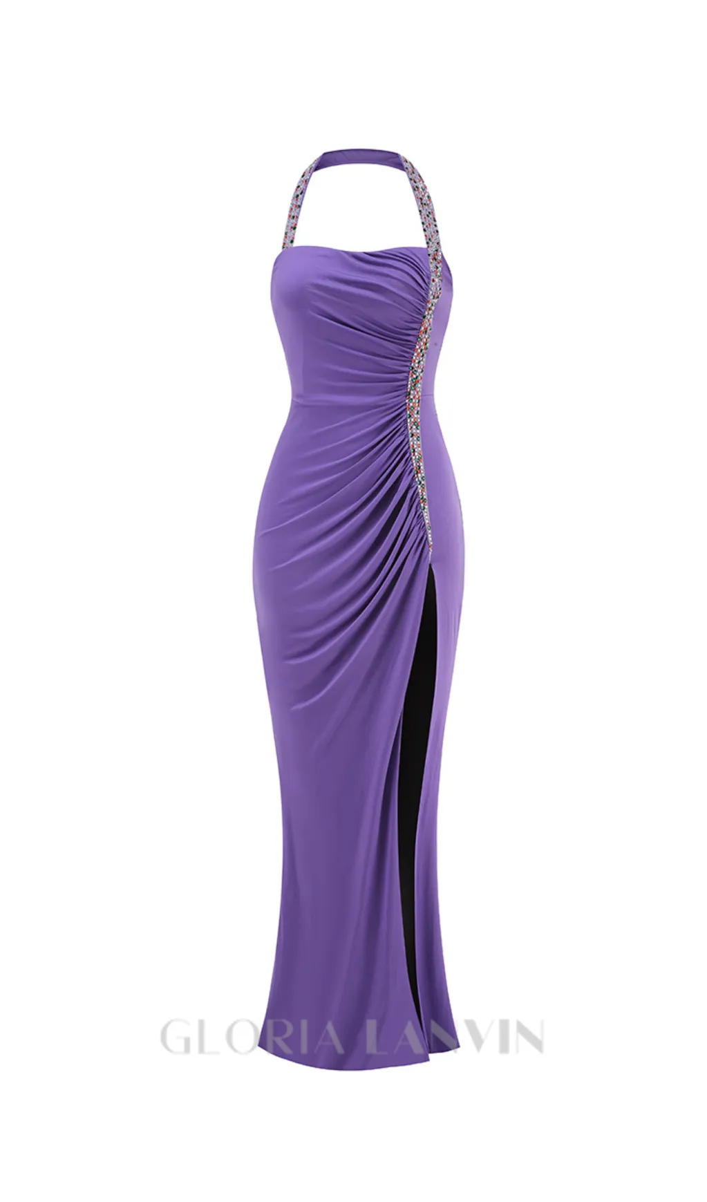 multicolor-pearl embellished purple halter maxi dress Gloria Lanvin