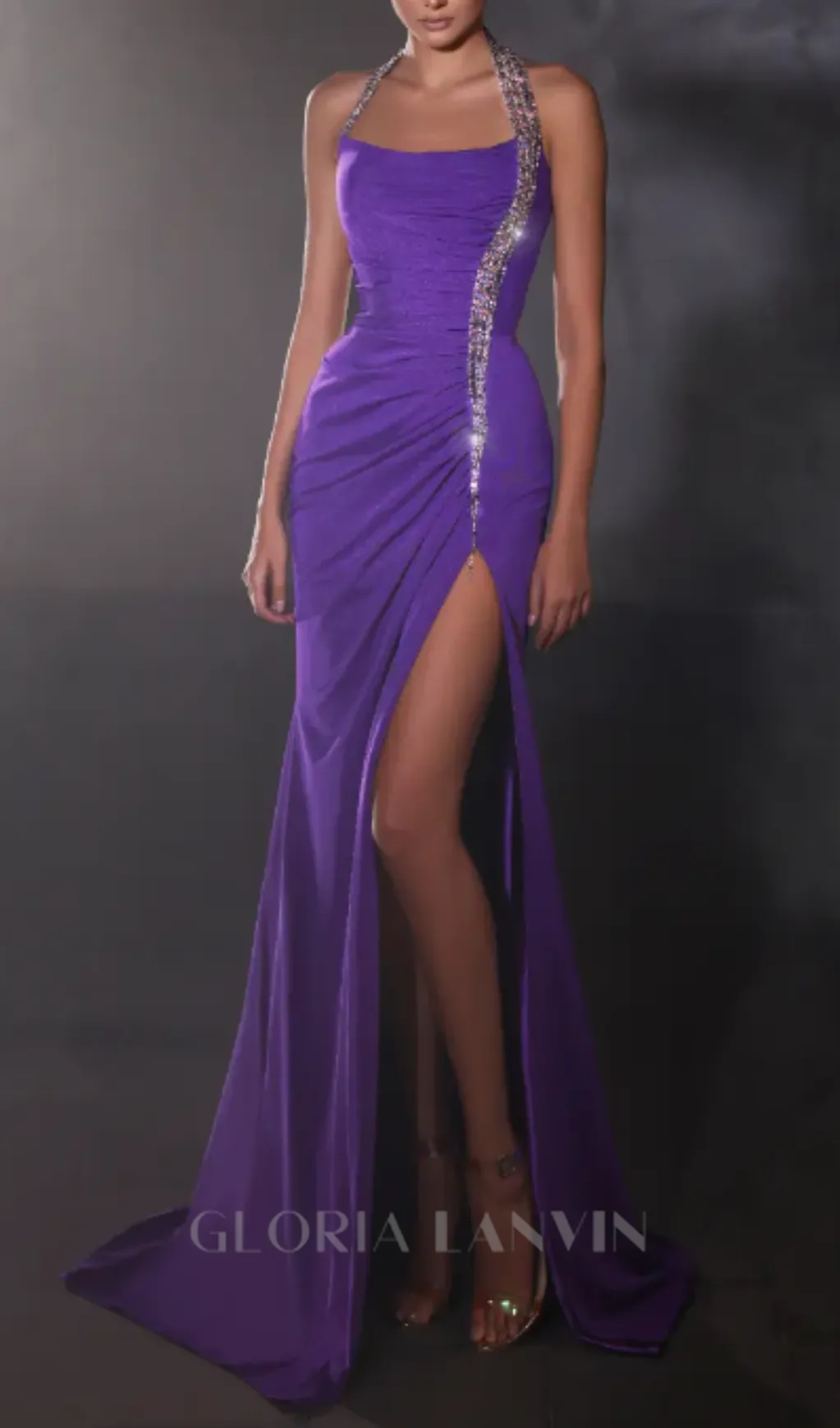 multicolor-pearl embellished purple halter maxi dress Gloria Lanvin