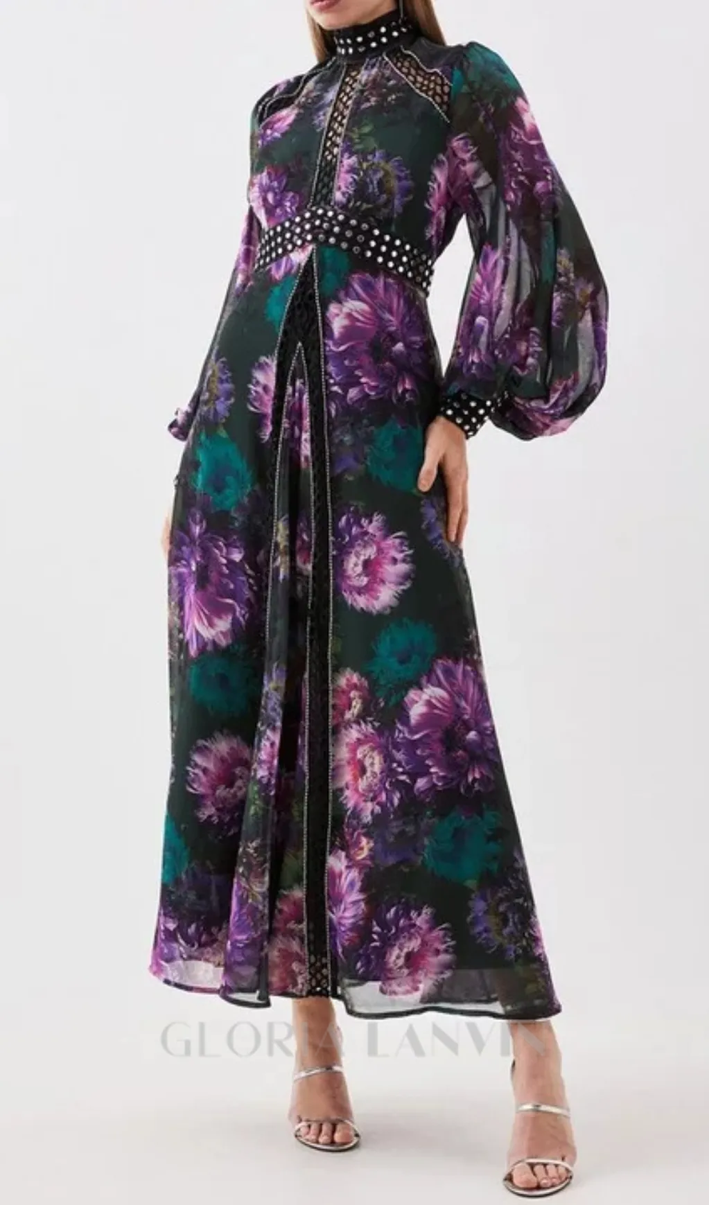 multicolor studded floral lace maxi dress Gloria Lanvin