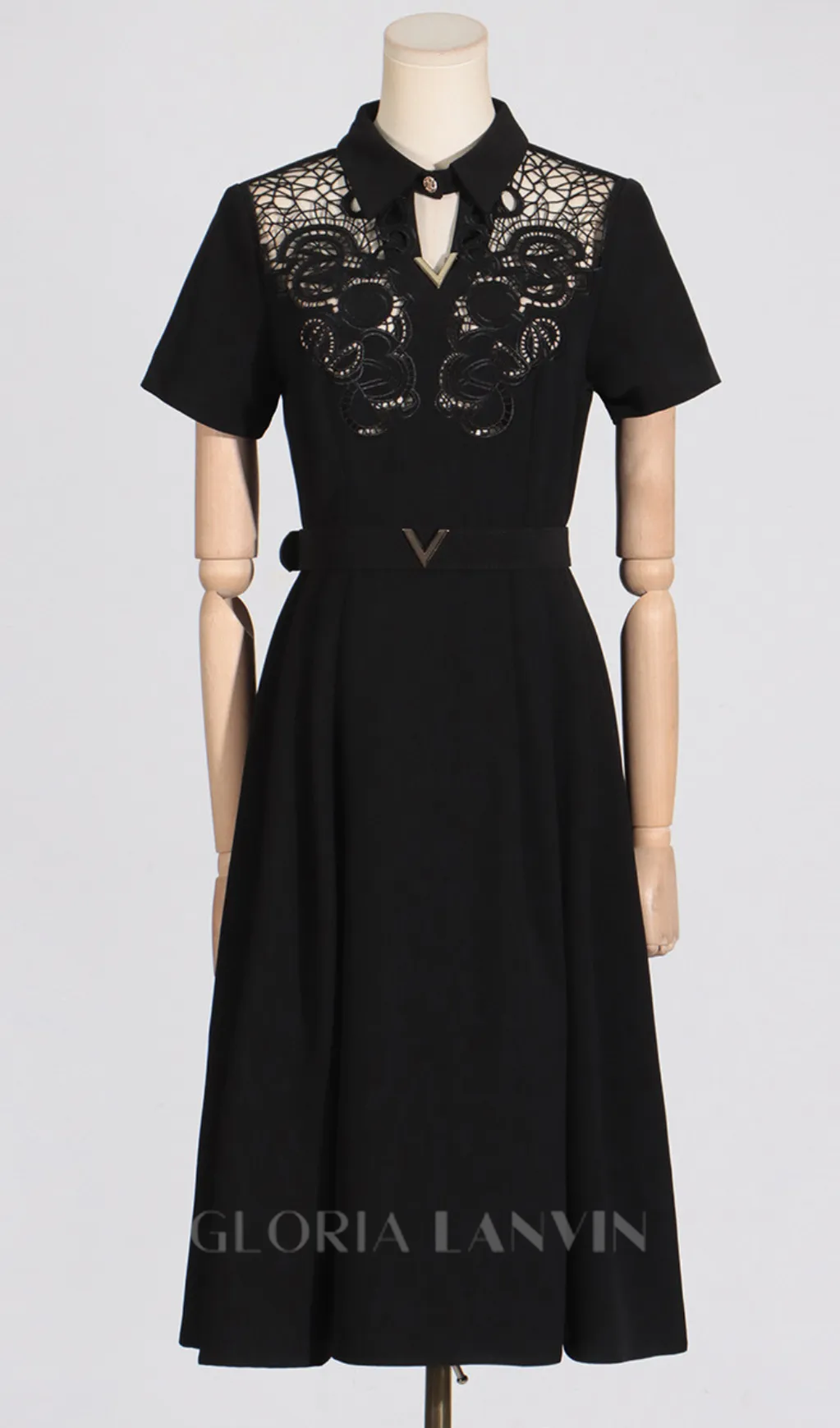 MYRA BLACK HOLLOW HOOK FLOWER A-LINE MIDI DRESS Gloria Lanvin