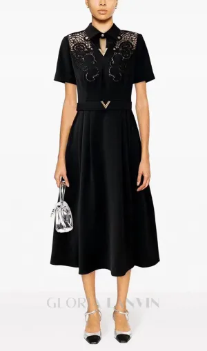 MYRA BLACK HOLLOW HOOK FLOWER A-LINE MIDI DRESS Gloria Lanvin