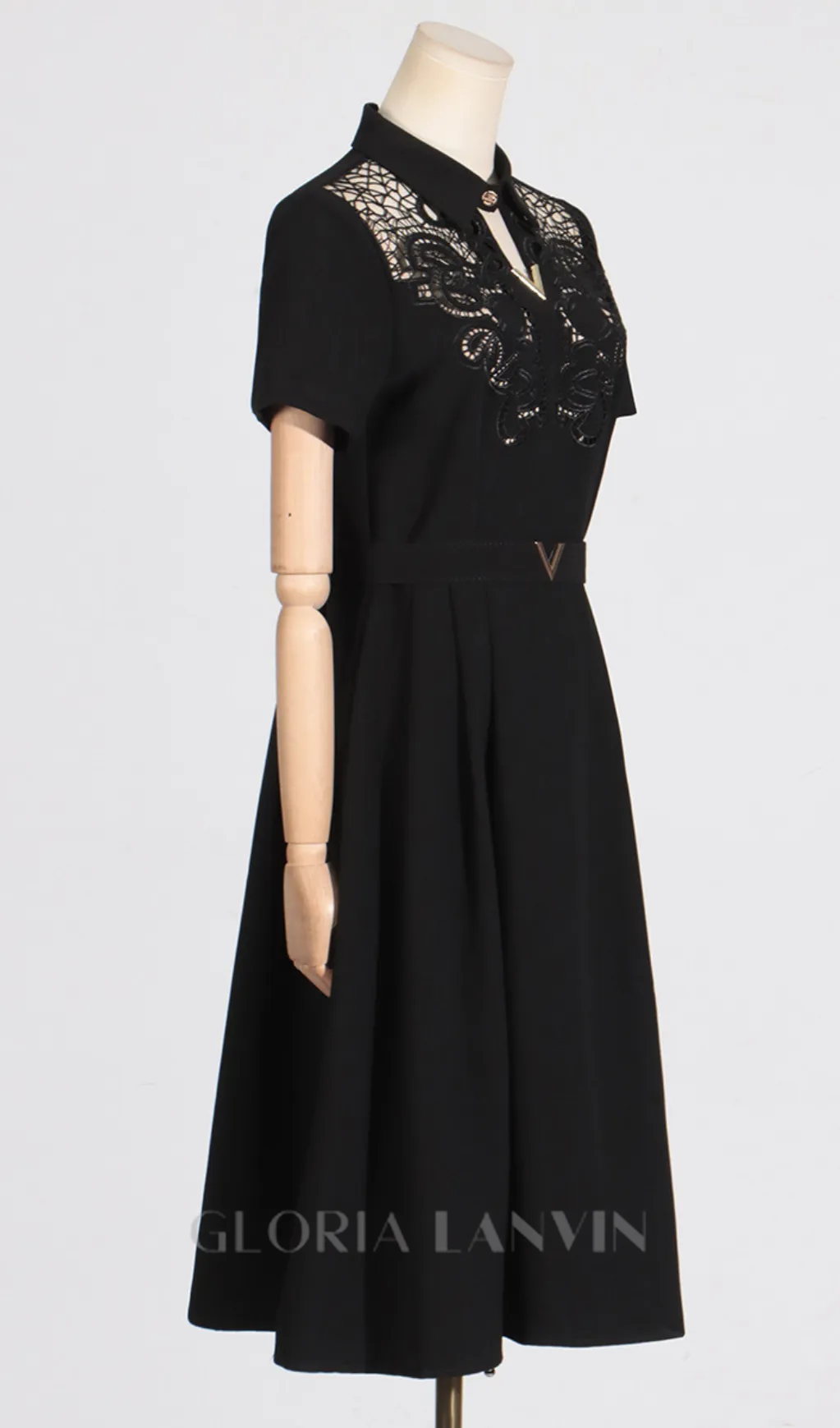 MYRA BLACK HOLLOW HOOK FLOWER A-LINE MIDI DRESS Gloria Lanvin