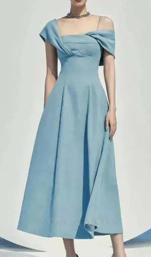 NAOMI ONE-SHOULDER STRAP MIDI DRESS IN BLUE Gloria Lanvin