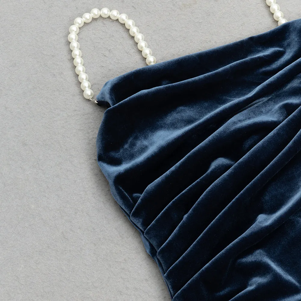 NAVY BEADLESS STRAPLESS VELVET BACKLESS PLEATED MIDI DRESS Gloria Lanvin