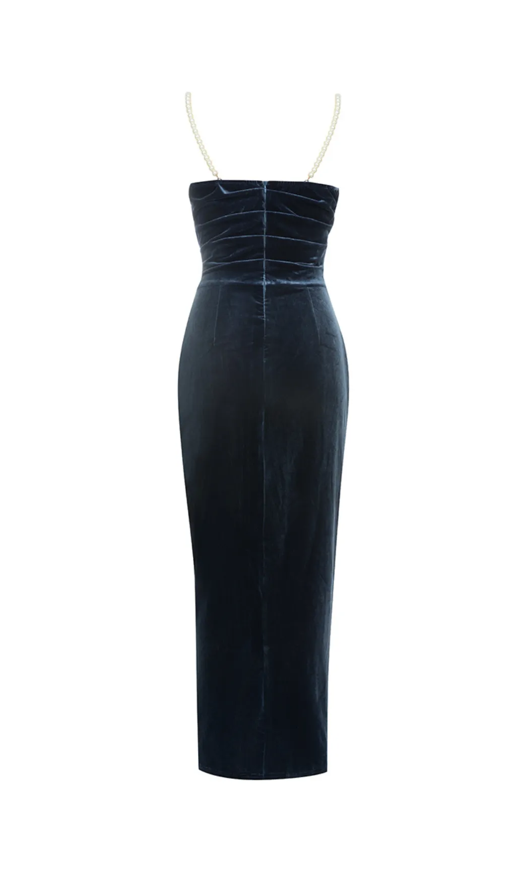NAVY BEADLESS STRAPLESS VELVET BACKLESS PLEATED MIDI DRESS Gloria Lanvin