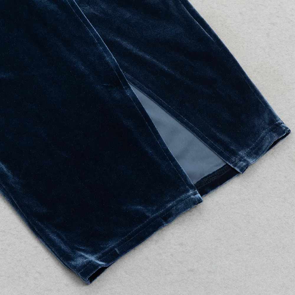 NAVY BEADLESS STRAPLESS VELVET BACKLESS PLEATED MIDI DRESS Gloria Lanvin