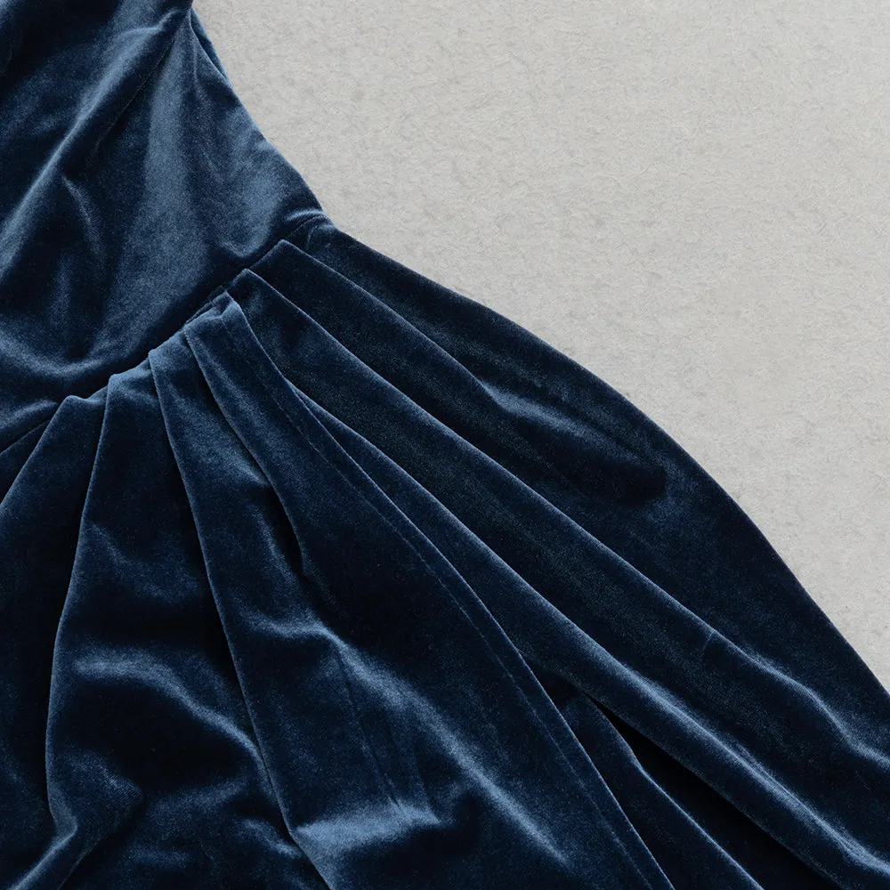 NAVY BEADLESS STRAPLESS VELVET BACKLESS PLEATED MIDI DRESS Gloria Lanvin