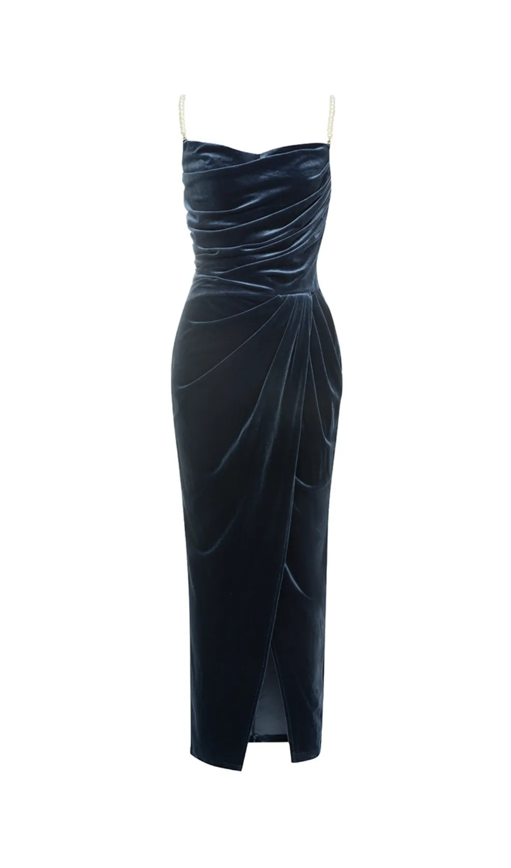 NAVY BEADLESS STRAPLESS VELVET BACKLESS PLEATED MIDI DRESS Gloria Lanvin