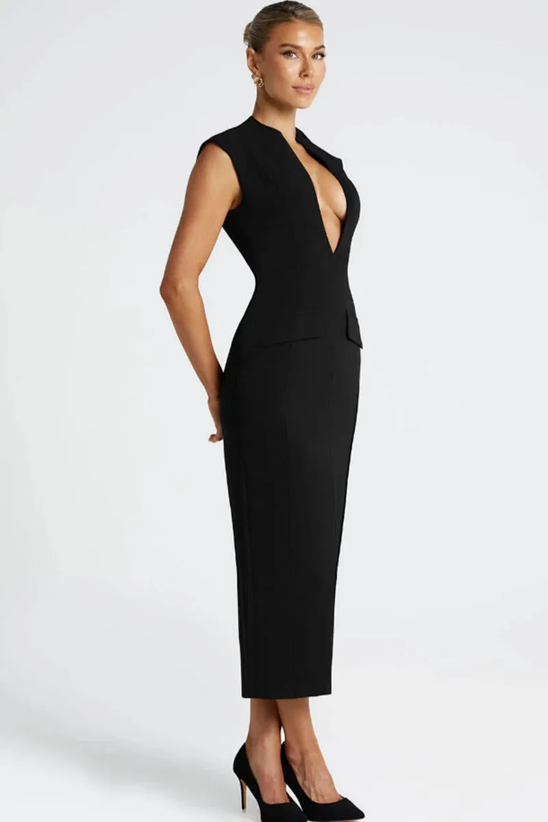 nellie v-neck bodycon midi dress in black Gloria Lanvin
