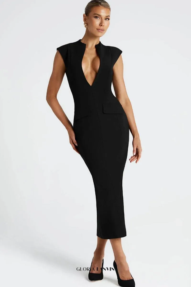 nellie v-neck bodycon midi dress in black Gloria Lanvin