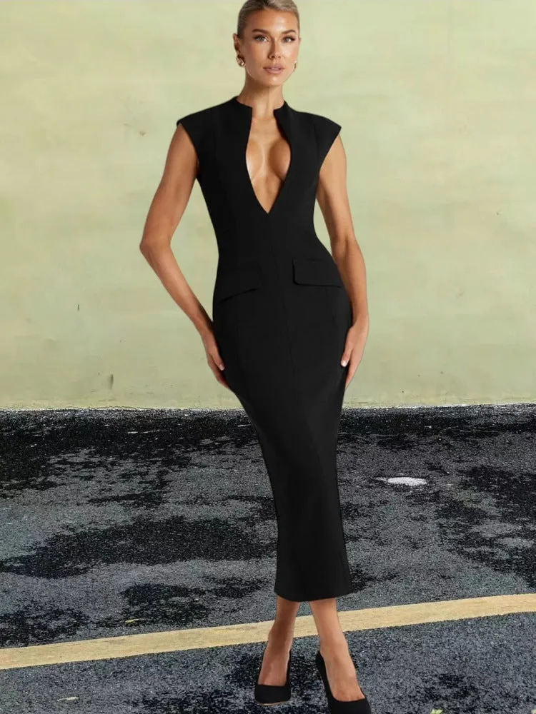 nellie v-neck bodycon midi dress in black Gloria Lanvin