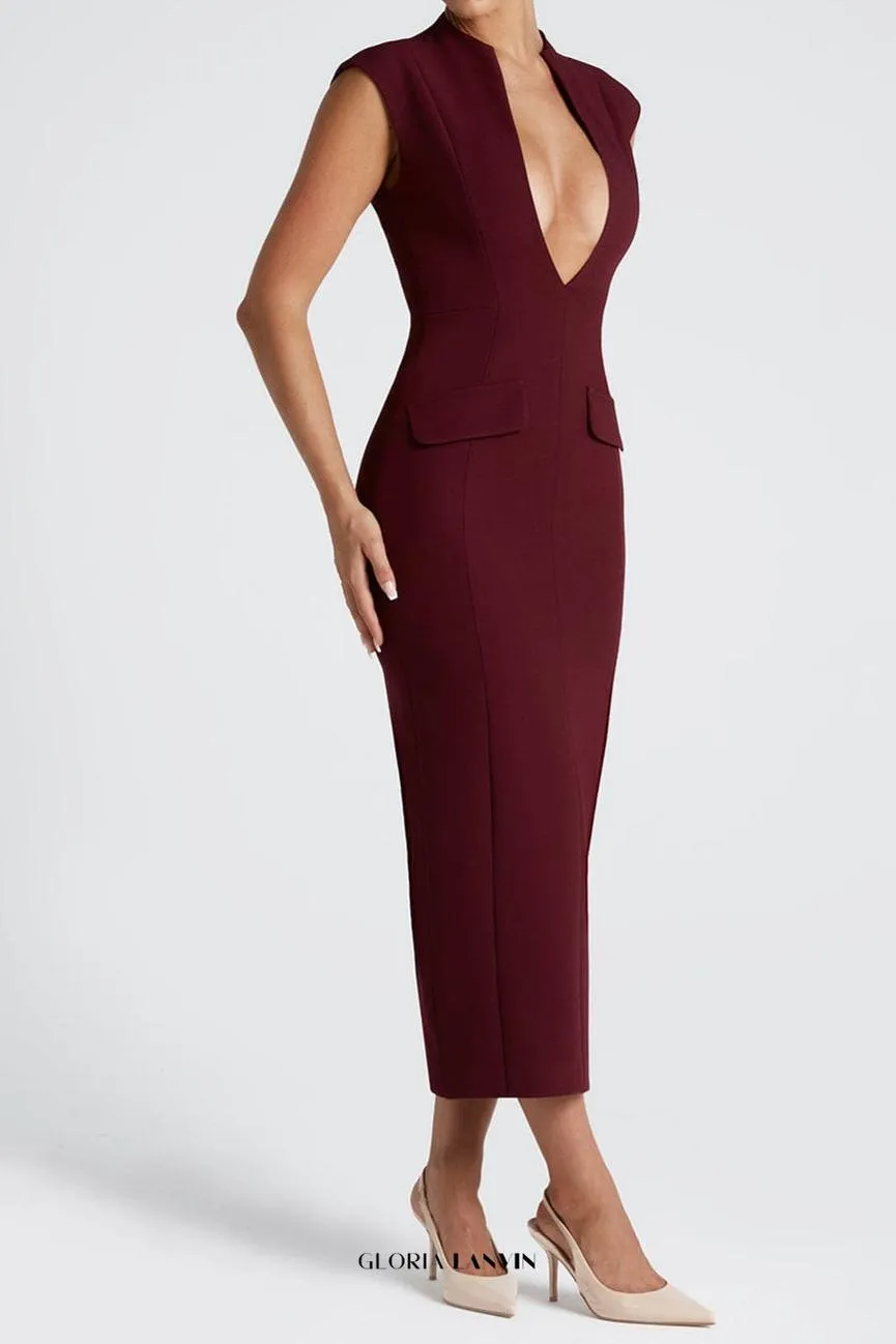 nellie v-neck bodycon midi dress in cherry lacquer Gloria Lanvin