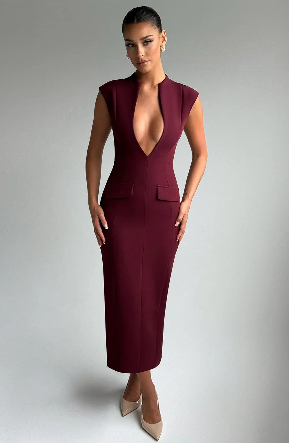 nellie v-neck bodycon midi dress in cherry lacquer Gloria Lanvin