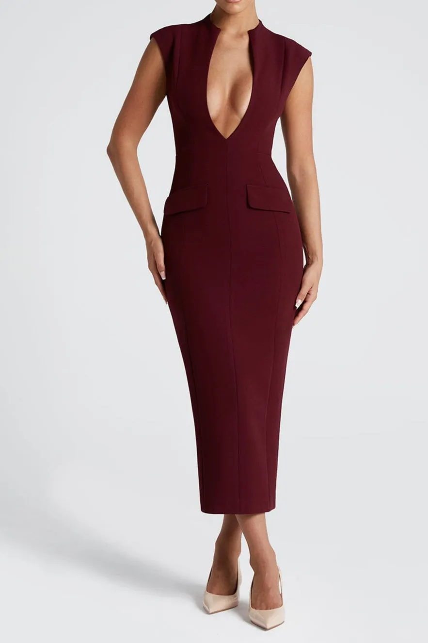 nellie v-neck bodycon midi dress in cherry lacquer Gloria Lanvin