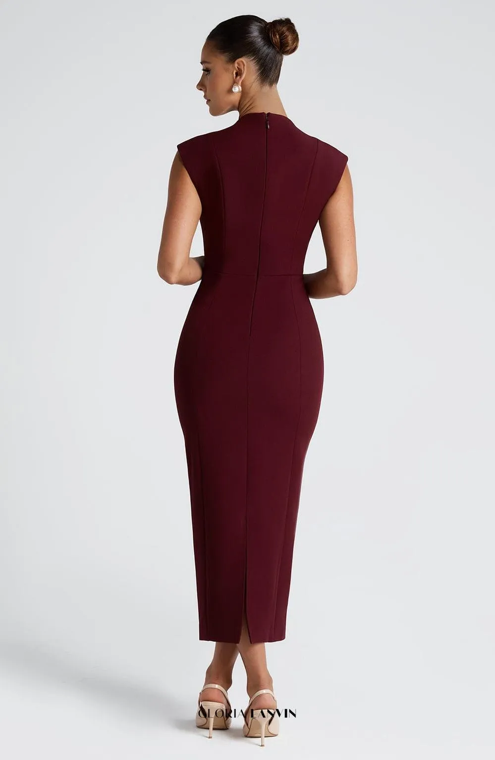 nellie v-neck bodycon midi dress in cherry lacquer Gloria Lanvin
