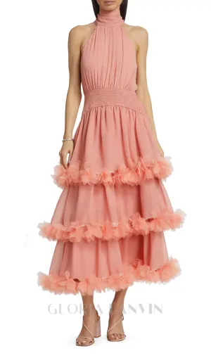NEREIDA TIERED MIDI DRESS IN PALE ORANGE Gloria Lanvin