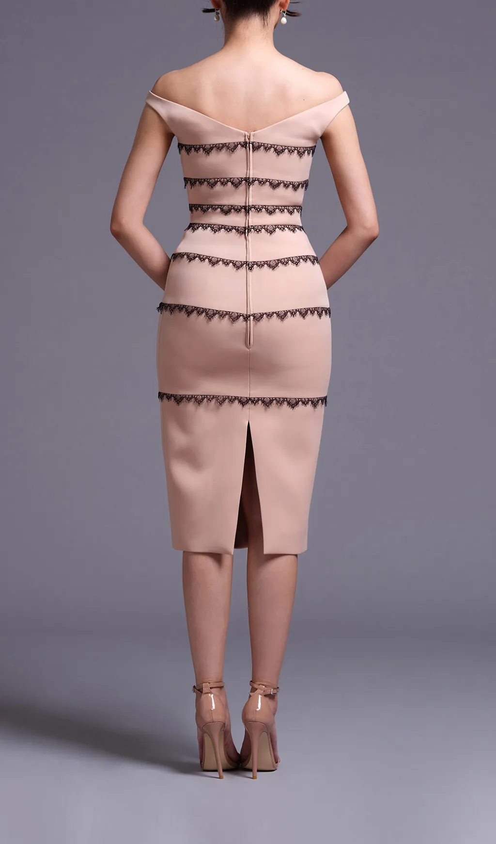 NUDE OFF-SHOULDER DRESS WITH BLACK LACE TRIMMING DETAIL Gloria Lanvin