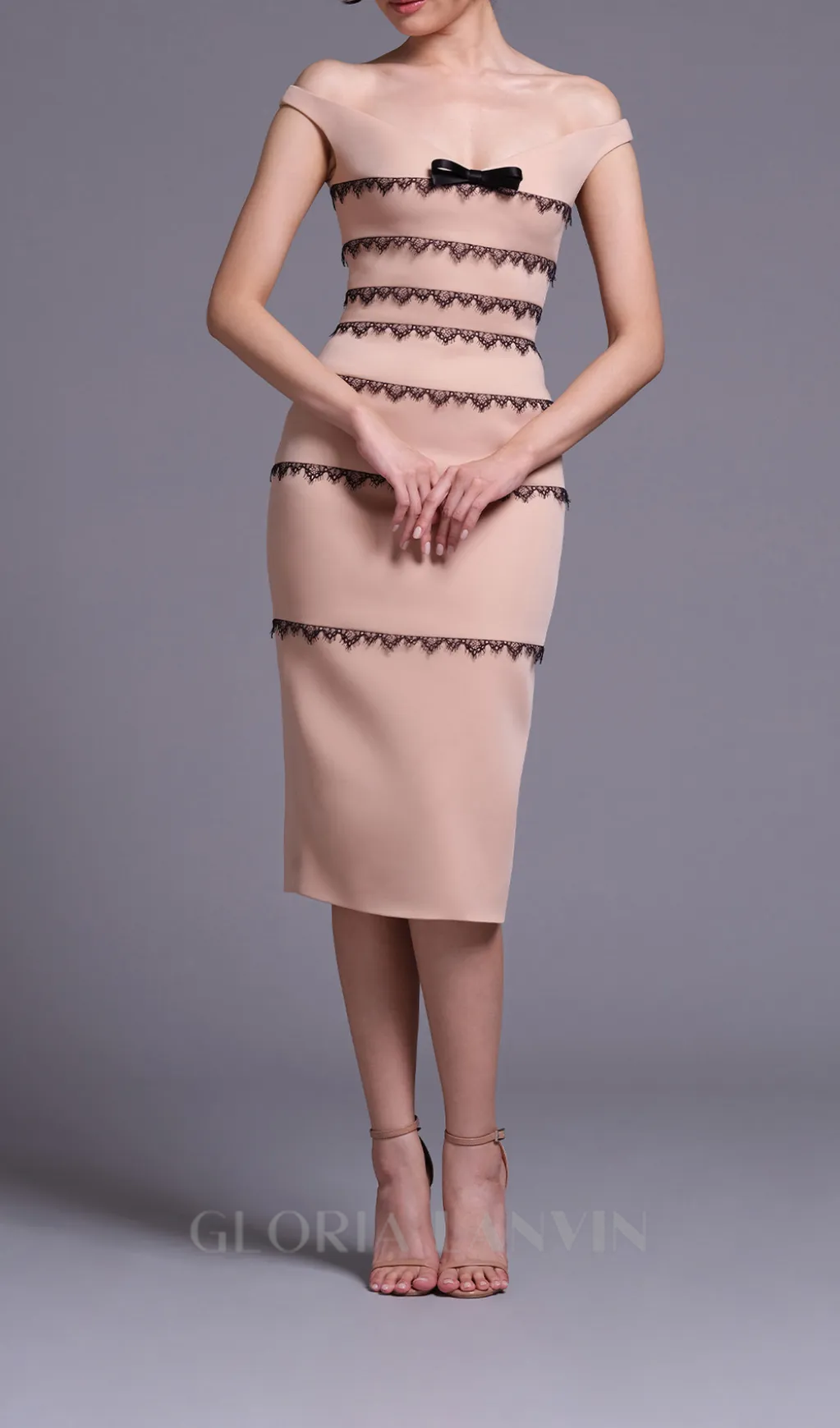 NUDE OFF-SHOULDER DRESS WITH BLACK LACE TRIMMING DETAIL Gloria Lanvin
