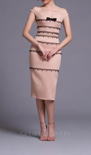 NUDE OFF-SHOULDER DRESS WITH BLACK LACE TRIMMING DETAIL Gloria Lanvin