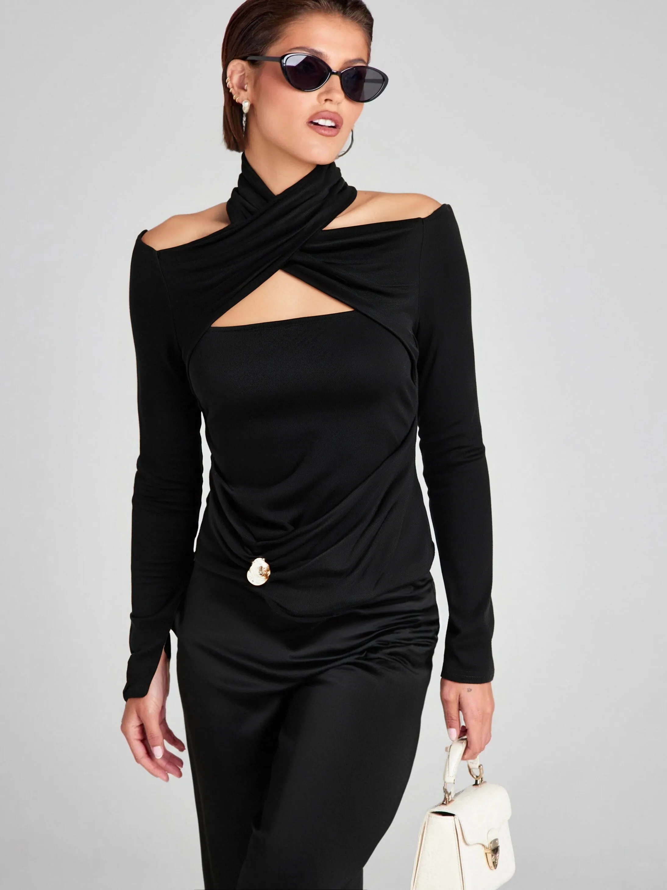 Odette black ruched stretch-jersey top Gloria Lanvin