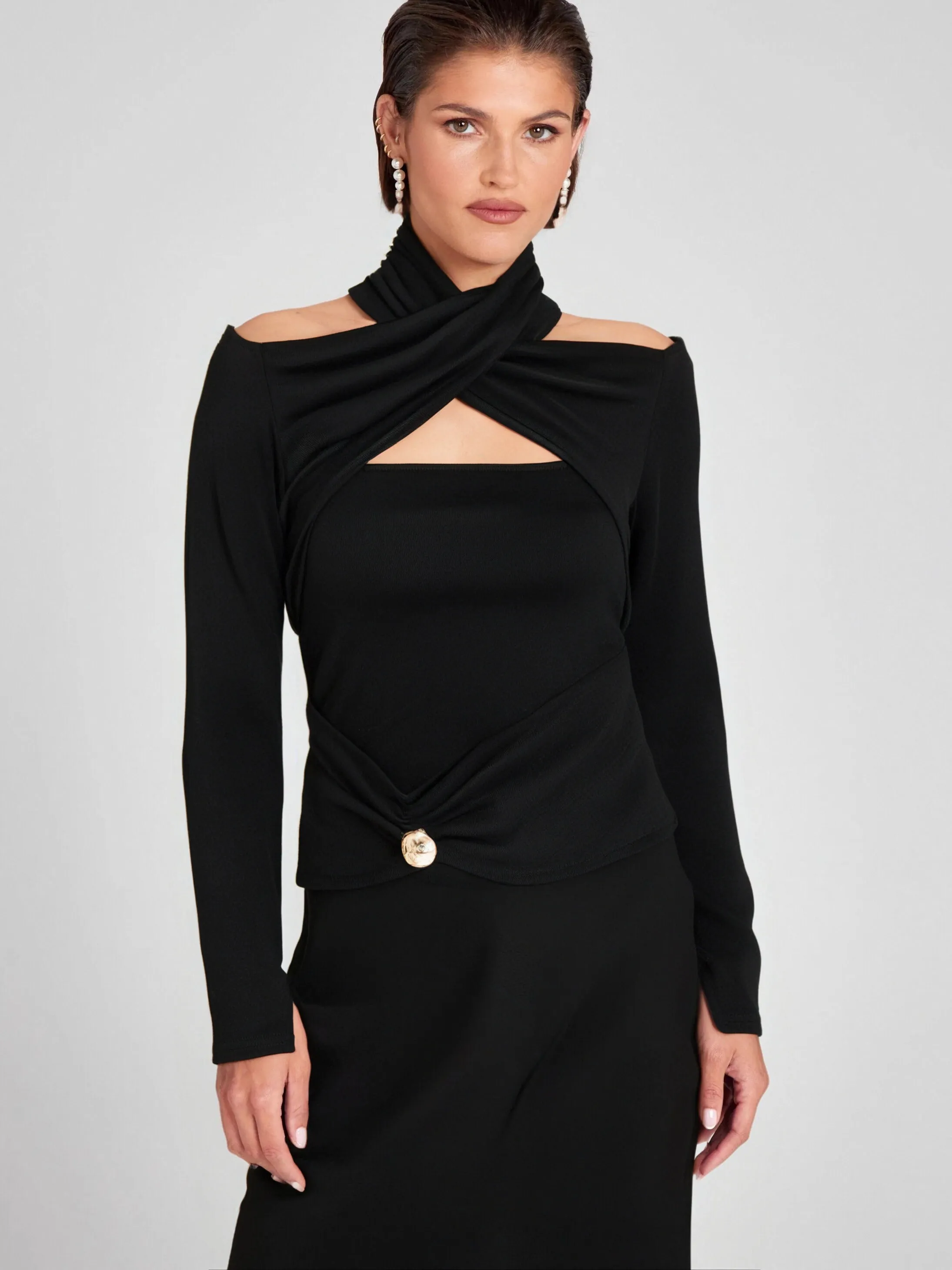 Odette black ruched stretch-jersey top Gloria Lanvin