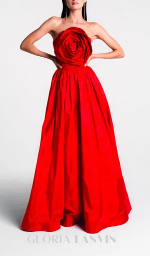 OFF-SHOULDER 3D FLOWER CHIFFON MAXI DRESS IN RED Gloria Lanvin