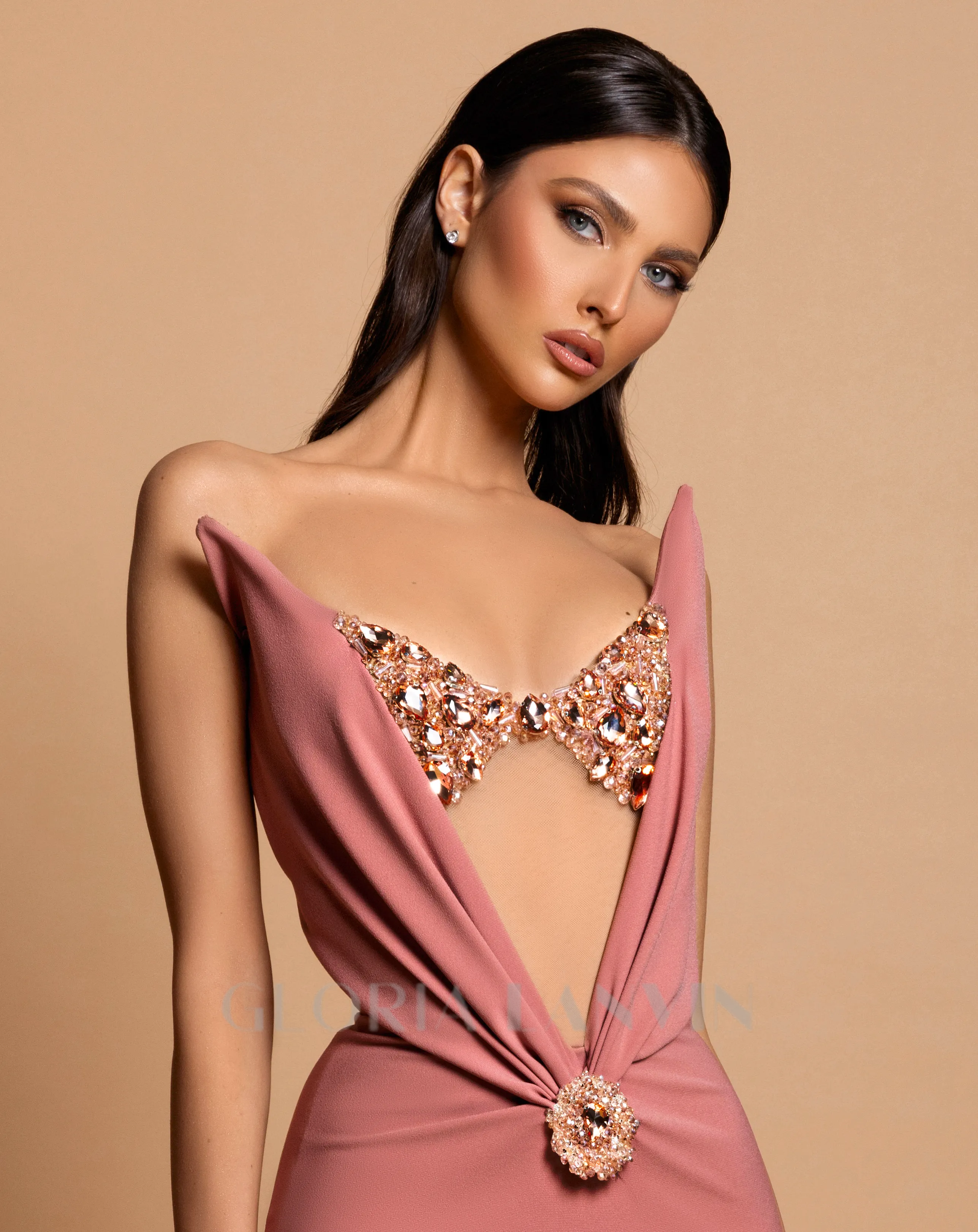 off-shoulder crystal embellished bodycon maxi dress in Iceberry Pink Gloria Lanvin