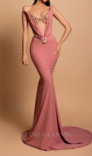 off-shoulder crystal embellished bodycon maxi dress in Iceberry Pink Gloria Lanvin