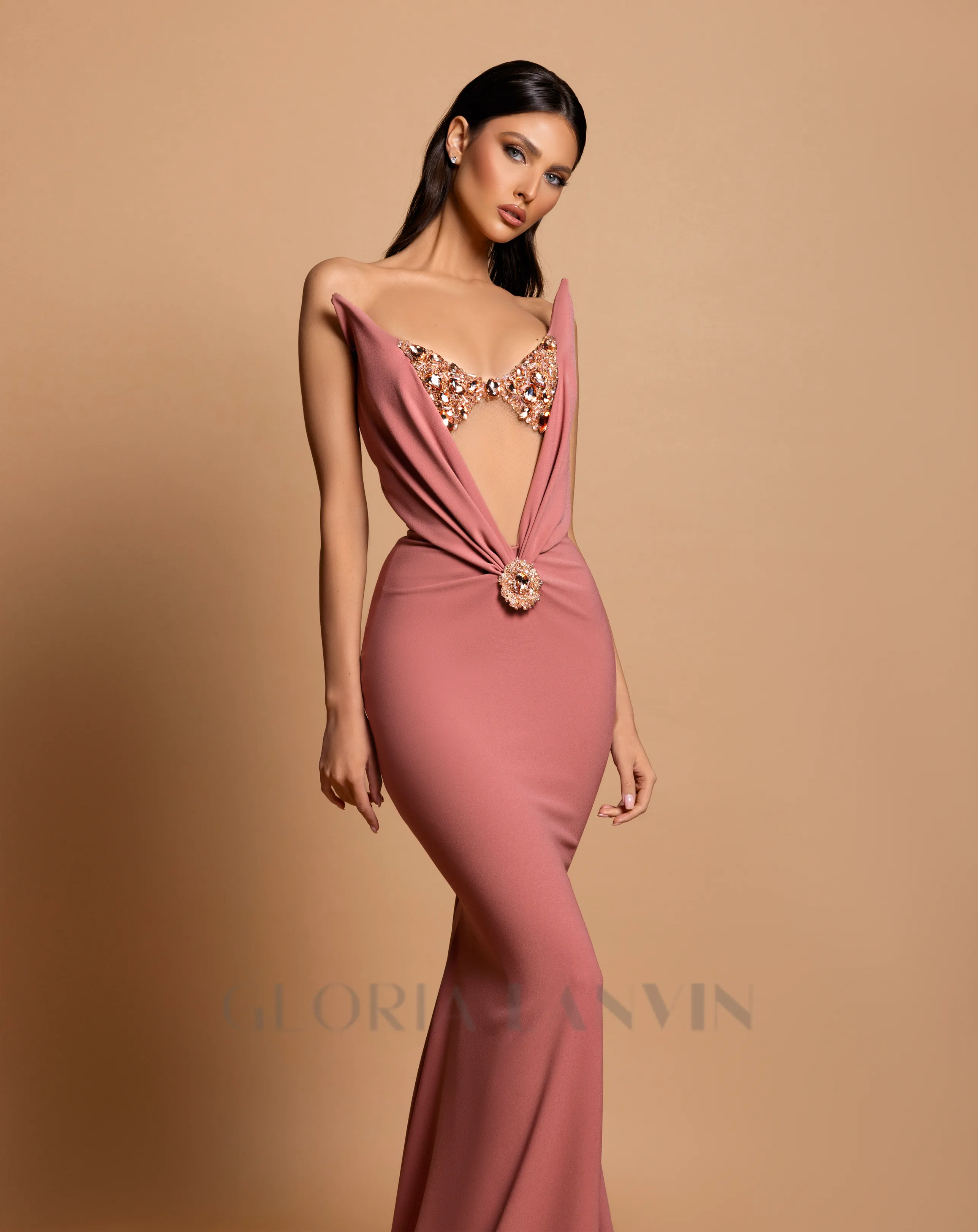 off-shoulder crystal embellished bodycon maxi dress in Iceberry Pink Gloria Lanvin