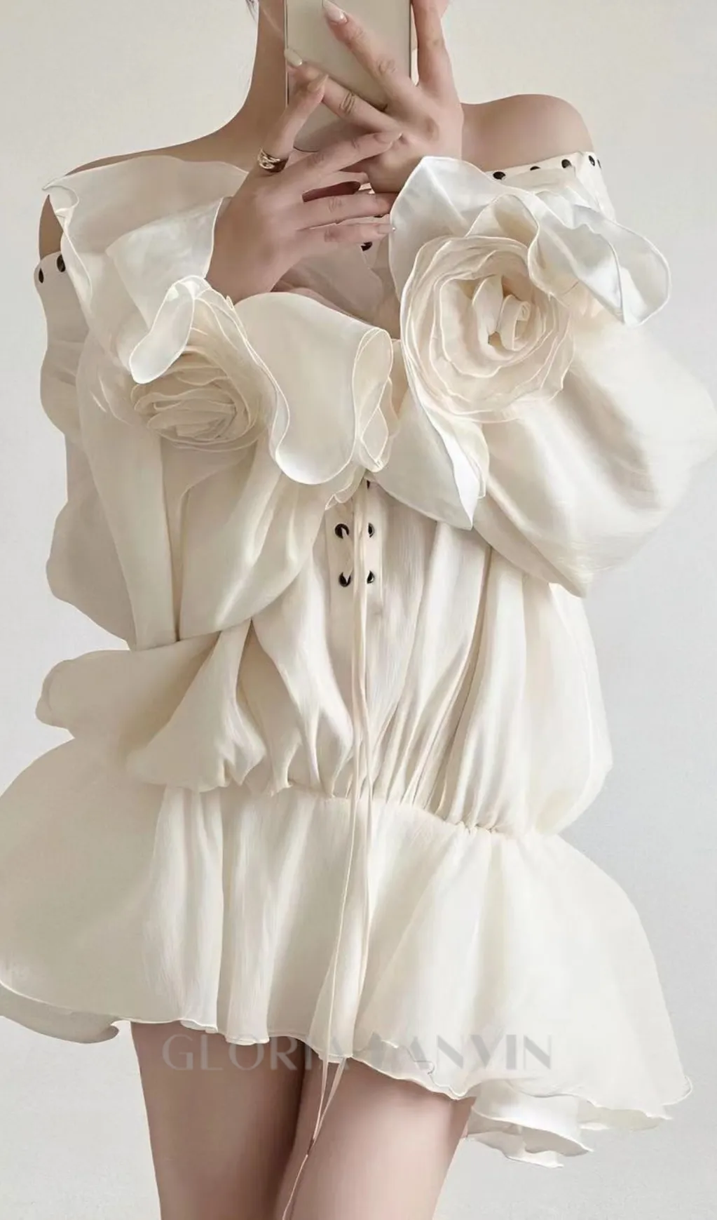 off-shoulder flared sleeve mini shirt dress in white Gloria Lanvin