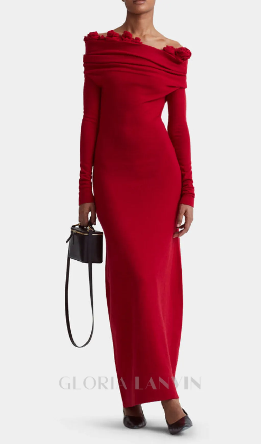 off-shoulder floral embellished ruched maxi dress in red Gloria Lanvin