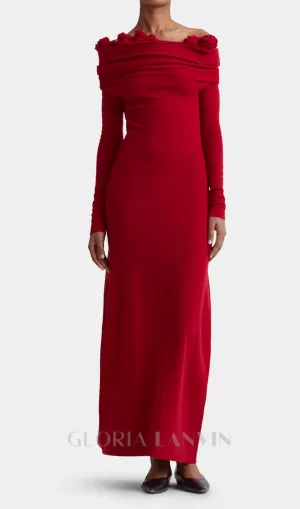 off-shoulder floral embellished ruched maxi dress in red Gloria Lanvin