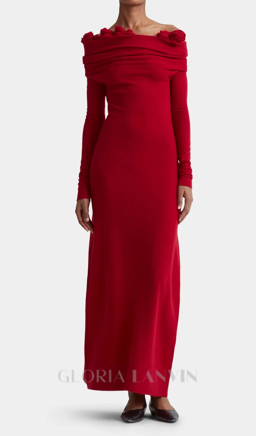off-shoulder floral embellished ruched maxi dress in red Gloria Lanvin