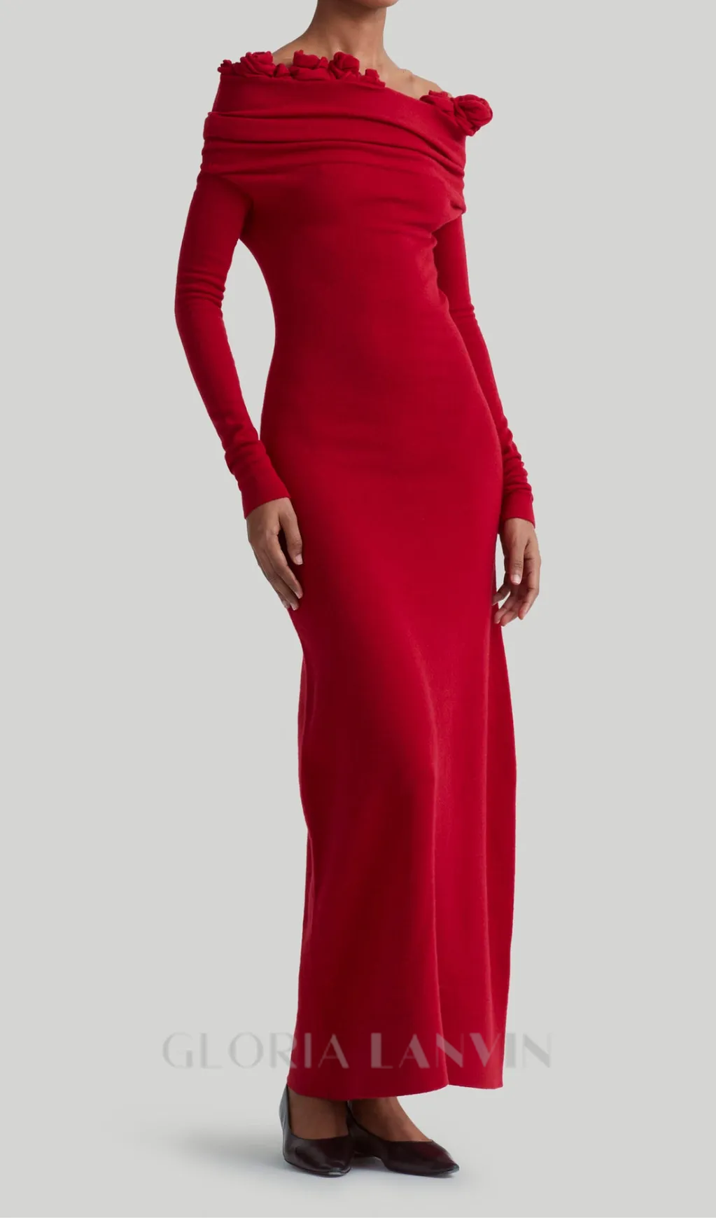 off-shoulder floral embellished ruched maxi dress in red Gloria Lanvin