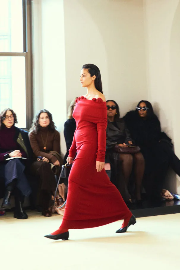 off-shoulder floral embellished ruched maxi dress in red Gloria Lanvin