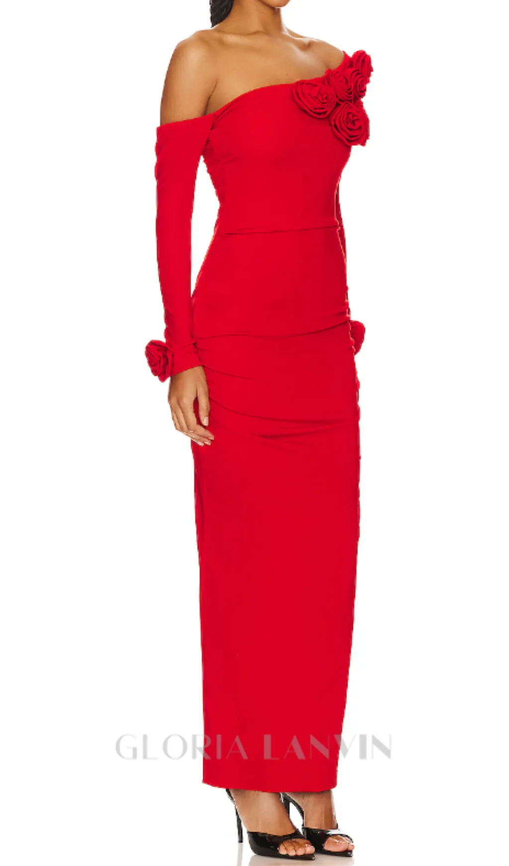 off-shoulder flower embellished Gathered maxi Dress in red Gloria Lanvin