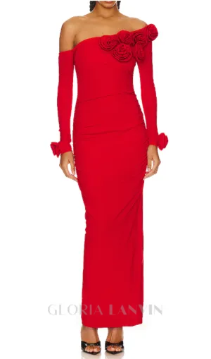 off-shoulder flower embellished Gathered maxi Dress in red Gloria Lanvin