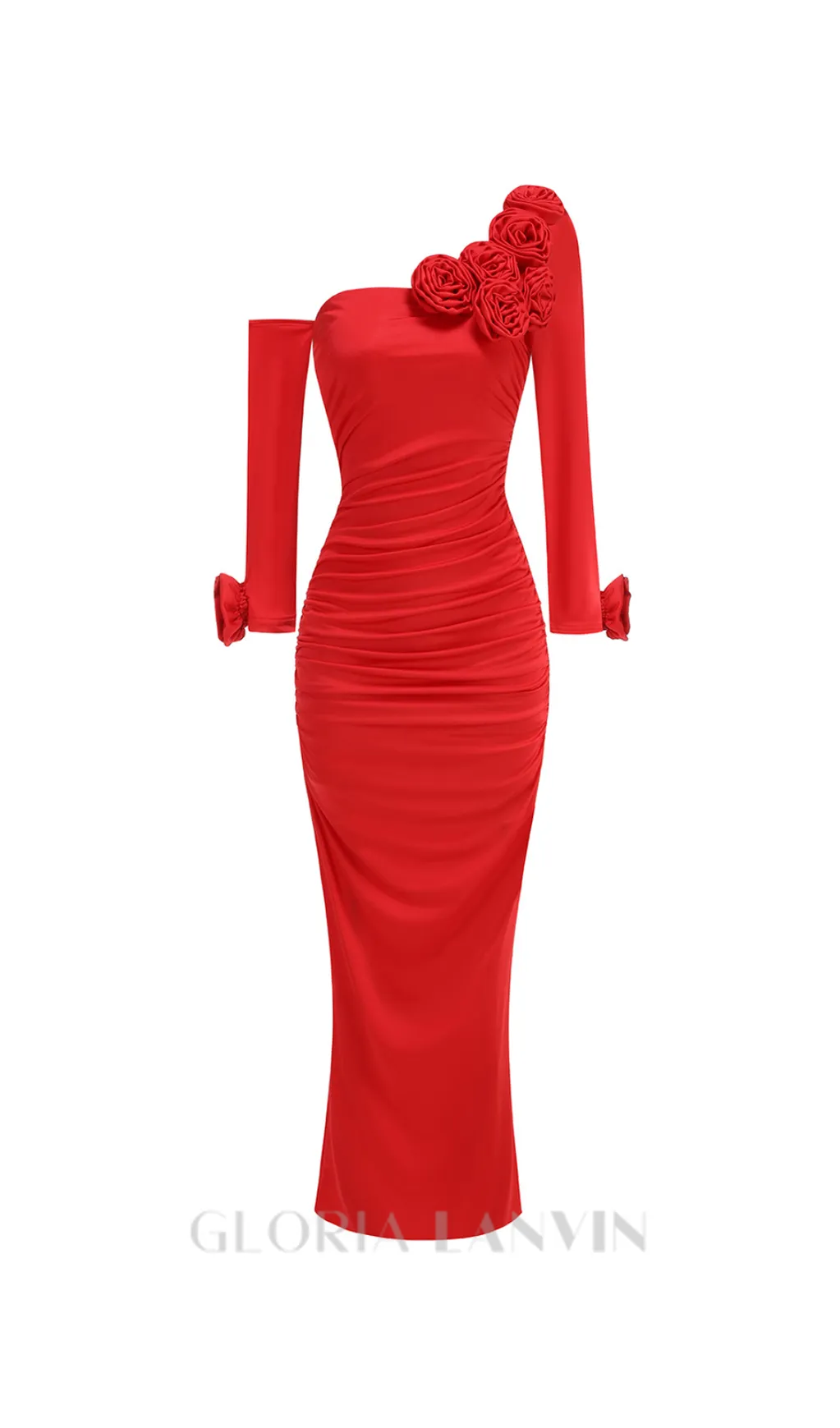 off-shoulder flower embellished Gathered maxi Dress in red Gloria Lanvin