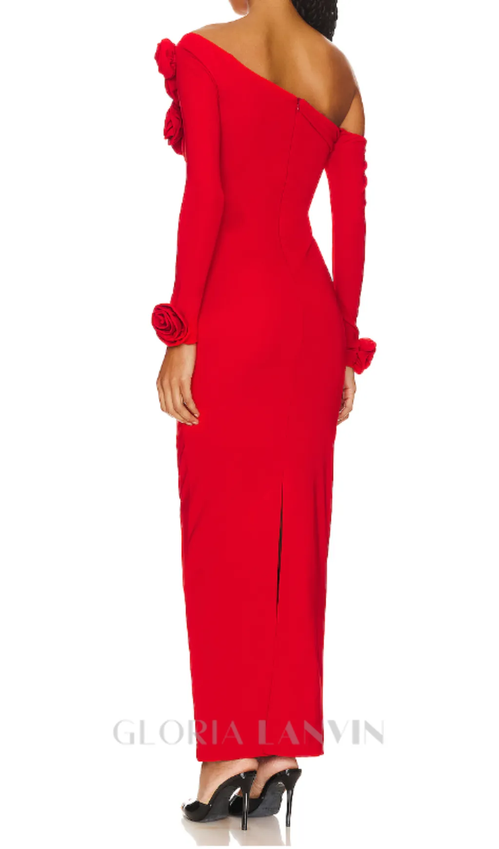 off-shoulder flower embellished Gathered maxi Dress in red Gloria Lanvin